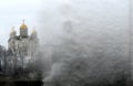 A vintage look at icy Russia and the golden domes of an Orthodox Church